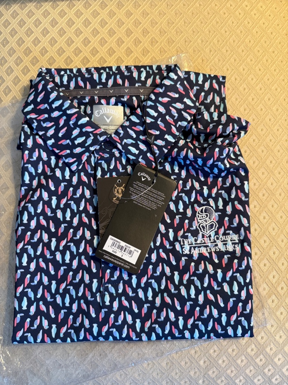 Callaway Navy Short-Sleeve Golf Polo with Multicolor Bird Print